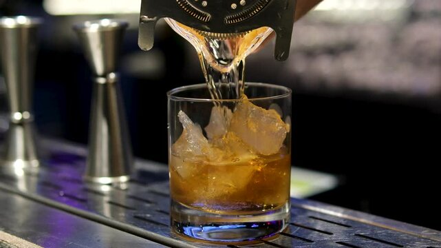 Old Fashioned cocktail drink chilean version with bourbon whiskey, sugar, ice, bitter dashes, maraschino cherry in dark background and selective focus vertical video. cocktail cosmopolitan