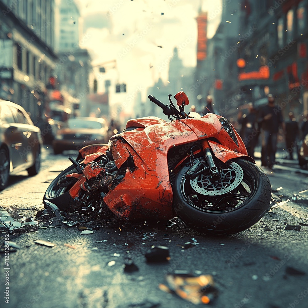 Aufkleber a close-up realistic image capturing the crash between a motorcycle and a car. the scene focuses on 