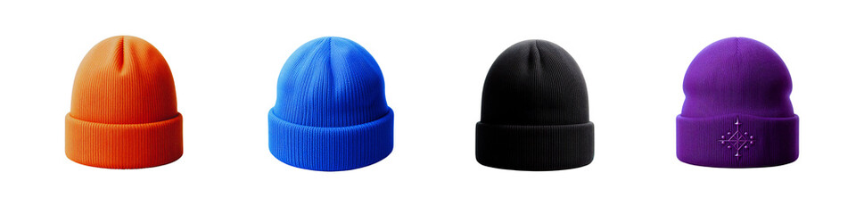 Set of Vibrant Beanies Set In Multiple Colors, isolated over on transparent white background, winter special