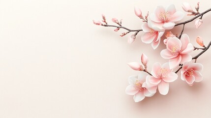 Fototapeta premium A delicate branch of pink cherry blossoms against a soft, neutral background, evoking springtime beauty and tranquility.