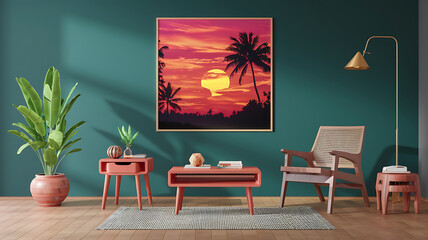 interior design mockup Interior with wooden side table 3d render Vibrant Sunset Coral tangerine fuchsia violet Pointillism
