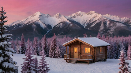 Winter wonderland: a cozy wooden chalet nestled amidst snow-kissed alpine peaks