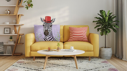 interior design mockup Funny and cute zebra with a red hat and a red and white striped pillow Spring Bloom Lilac mint green soft pink baby blue Impressionism