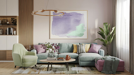 interior design mockup Interior of modern house 3d rendering Watercolor Wash Lavender blush mint green pale yellow Dadaism