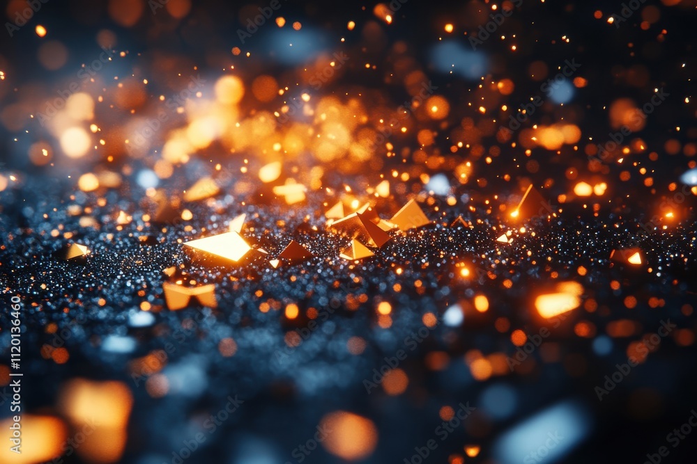 Poster a close-up view of shimmering particles and geometric shapes in a dark, sparkling environment.
