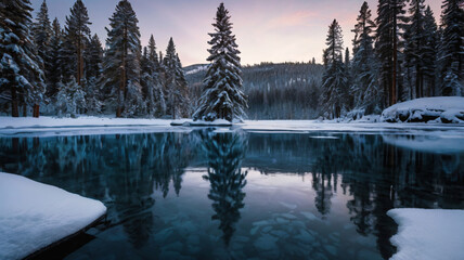 Frozen lake nestled amidst snow-kissed forests and majestic mountains, a serene winter wonderland