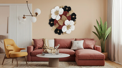 interior design mockup 3D illustration of white and gold flowers with a paperlike texture on a solid white background Tribal Earth Deep red ochre black cream Scientific Illustration