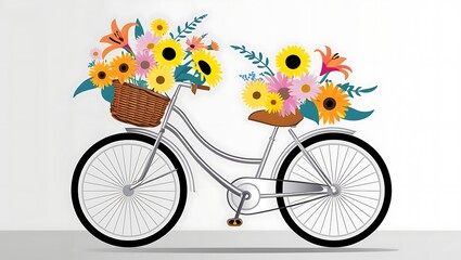 A silver bicycle adorned with a basket of colorful flowers