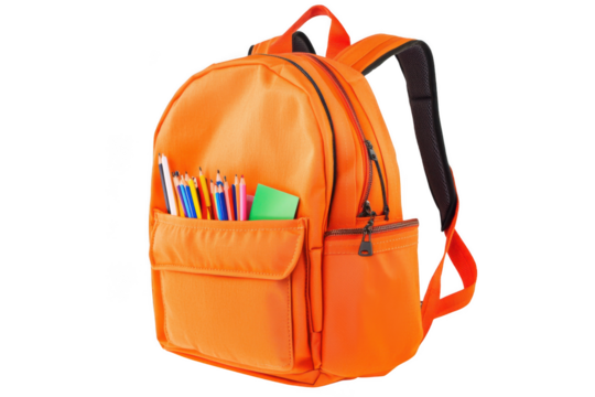 . Bright backpack with school stationery isolated on white