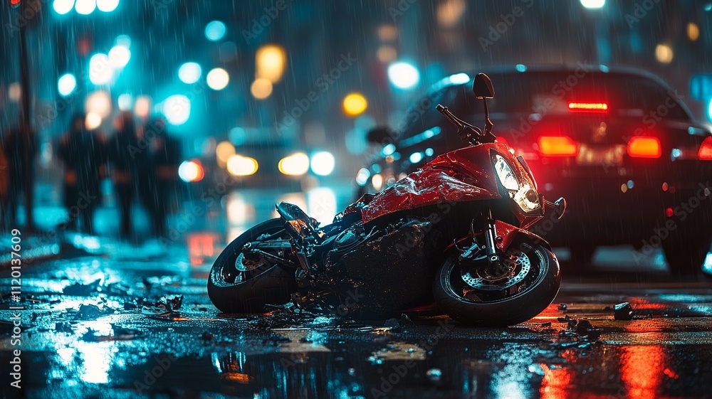 Aufkleber a close-up realistic image capturing the crash between a motorcycle and a car. the scene focuses on 