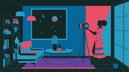 interior design mockup silhouette frau mit videokamera Space Adventure Deep blue neon purple black white Screen Printing