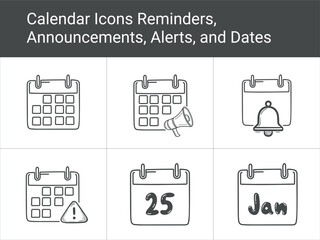 Calendar Icons Set Reminders, Alerts, Announce, Schedule, Dates. Simple line art style Illustration