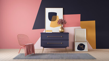 interior design mockup Interior of a room with chest of drawers Soft Geometry Dusty pink navy mustard cream Pop Art