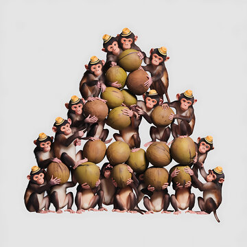 group of playful monkeys trying to stack coconuts inpyramid isolated on white background cutout png design asset funny conceptPhoto Manipulation