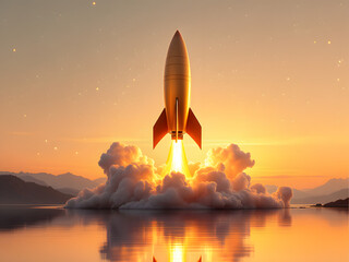 Fototapeta premium Technology, Laptop, Computer, Screen, Display, Rocket, Launch, Space, Clouds, Sky, Blue, Pink, Sunset, Dawn, Dusk, Gradient, Bright, Vibrant, Colorful, Glowing, Light, Keyboard, Keys, Backlit, Modern,