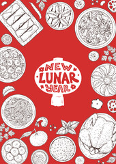 Foods of Chinese Lunar New Year frame. Hand drawn vector illustration. Chinese Food sketch. Holiday menu. Food design template.