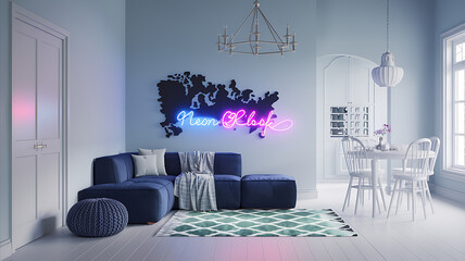 interior design mockup Two knitted poufs near dark blue corner sofa Scandinavian home interior design of modern living room Neon Glow Electric blue neon pink lime green black Fantasy Map Style