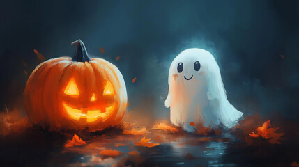 Cute Halloween Ghost and Pumpkin. Spooky and adorable Halloween illustration.