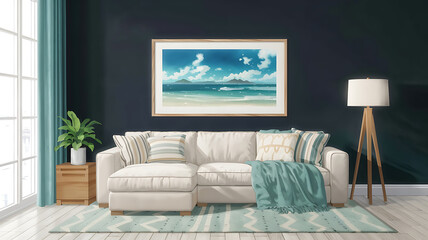 interior design mockup fass Ocean Breeze Teal navy seafoam sand beige AnimeManga Style