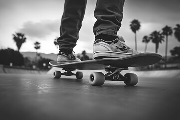 Obraz premium Black and white photograph, foreground image of a skateboarder's legs on a skateboard, on a board, wearing pants and sneakers, with a skate park in the background