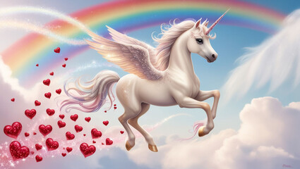 Fototapeta premium Pegasus unicorn with big sparkling eyes flying under a rainbow with a trail hearts