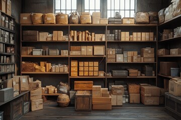 A storage room filled with various wooden and cardboard boxes on shelves and the floor.