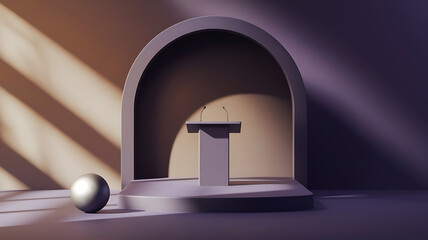 interior design mockup 3D rendering of an empty room with a podium and a sphere on the floor in a minimalist style with warm colors and soft shadows Moonlit Night Dark purple charcoal silver navy blu