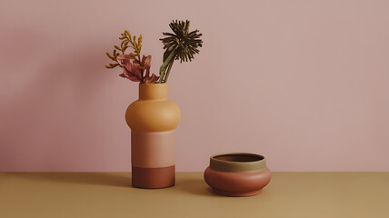 interior design mockup Still life photography of a tall vase and a bowl on a table against a pink background in a minimalist style with muted colors Harvest Time Mustard yellow rust orange deep brown