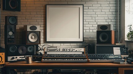 A cozy music studio featuring synthesizers, speakers, and minimalist decor.
