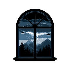 thunderstorm overdistant mountain range viewed fromcozy window isolated on white background cutout png design asset funny conceptSilhouette