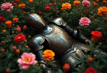 Dark gothic art, fallen knight, ornate armor discarded among vibrant flowers