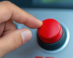 Hand pressing red button. A hand pressing a large red button on a control panel, symbolizing action, urgency, or system activation.