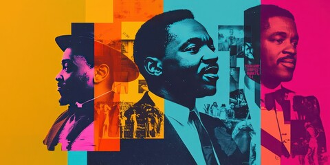 A collage of historical images celebrating key figures in Black history, framed by bold typography and vibrant colors.