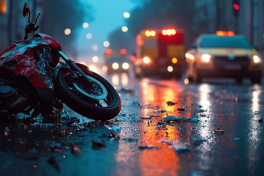 A close-up realistic image capturing the crash between a motorcycle and a car. The scene focuses on the damage and the impact of the collision between the two vehicles.

