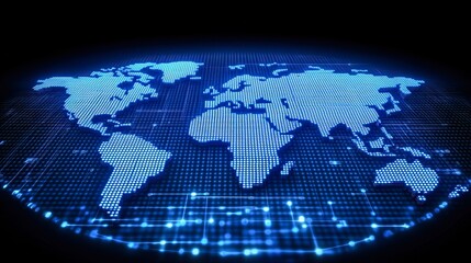 A vibrant digital world map illuminated in blue dots highlights global connectivity and technology, Ideal for use in presentations, tech articles, or educational materials on geography or data,