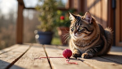 Striped cat playing with yarn on wooden porch, sunny March afternoon