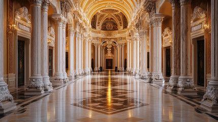 Fototapeta premium Luxurious palace hall with marble floors and ornate columns, exuding elegance