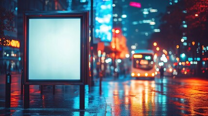 A city street at night featuring a blank advertising board and a bus.