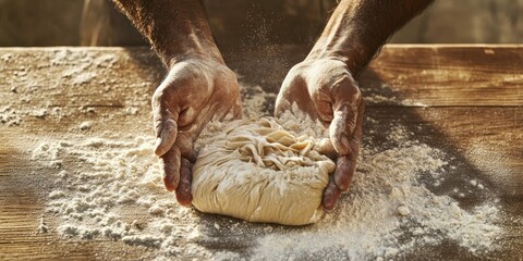 Obraz premium Hands Kneading Pasta Dough with Flour on Rustic Wooden Surface