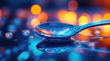 A close-up of a spoon with water droplets, illuminated by colorful lights.