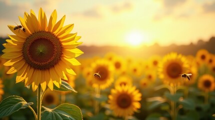 Obraz premium Peaceful Sunflower Field with Bees and Sunlight