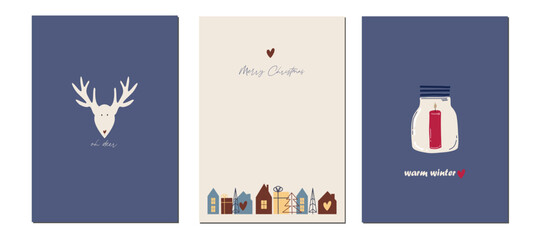 Vector set of Christmas and New Year holiday greeting cards with candle, deer and little houses. Vector illustration in trendy style