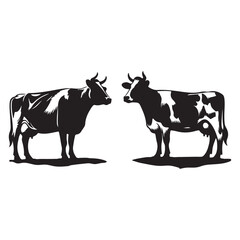 Set of  Black and White Dairy Cow Silhouettes, Farm Animal Vector Illustrations