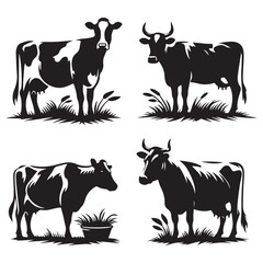 Fototapeta premium Set of Black and White Dairy Cow Silhouettes, Farm Animal Vector Illustrations