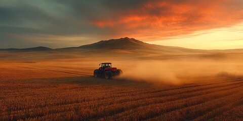 Fototapeta premium Tractor Driving Through a Field at Sunset with a Mountain in the Background