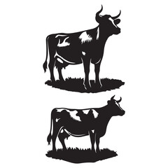 Set of  Black and White Dairy Cow Silhouettes, Farm Animal Vector Illustrations