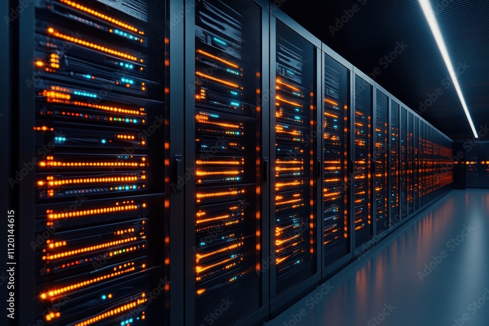 Poster modern data center showcases racks of servers illuminated by vibrant led lights and organized for op