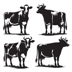 Set of  Black and White Dairy Cow Silhouettes, Farm Animal Vector Illustrations