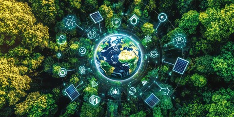 A digital poster for Earth Day 2021, with Earth in the center surrounded by eco-friendly icons like trees, recycling symbols, and solar panels.