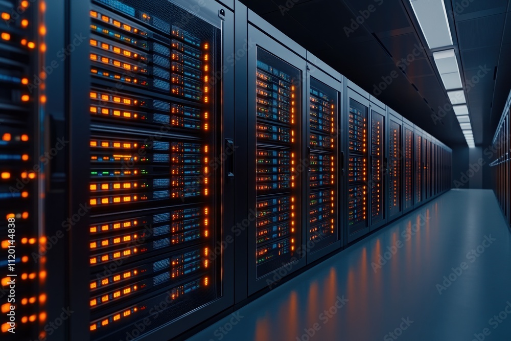 Poster high-tech servers room in a modern data center featuring organized racks with illuminated lights